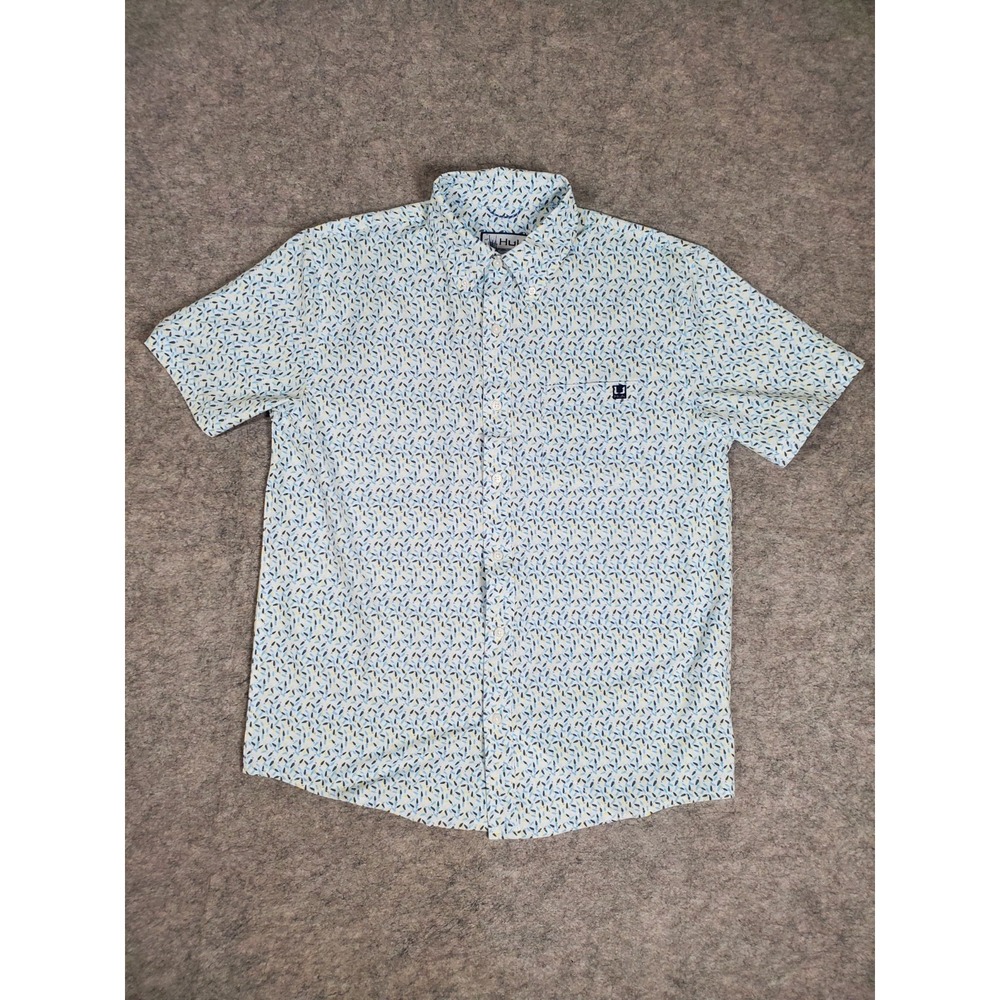 Huk Fishing Shirt Mens M Lure Graphic Print Short Sleeve Button Up Stretch